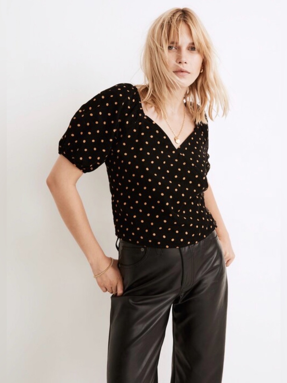 NWT Madewell Corduroy Puff-Sleeve Wrap Top in Oval Dot, Size XL